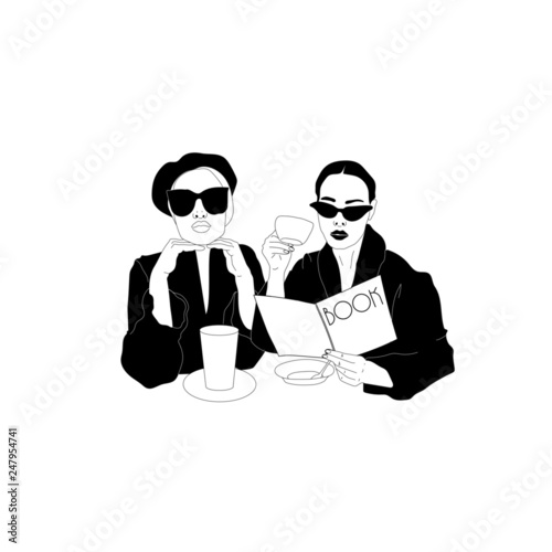 Fashion woman with glasses. Girlfriends with coffee and a book. Girl in trend clothes. Monochrome Vector Illustration