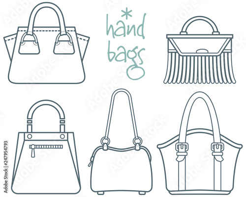 Handbags. Set of women handbags. Flat linear icons of some fashionable accessories drawn with simple thin lines.