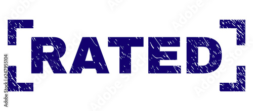 RATED text seal stamp with grunge texture. Text tag is placed inside corners. Blue vector rubber print of RATED with grunge texture.