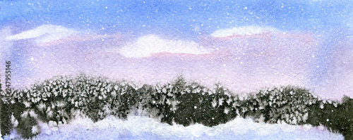 pink, blue and black abstract winter watercolor landscape