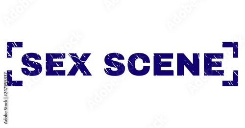 SEX SCENE tag seal print with corroded texture. Text tag is placed between corners. Blue vector rubber print of SEX SCENE with unclean texture.