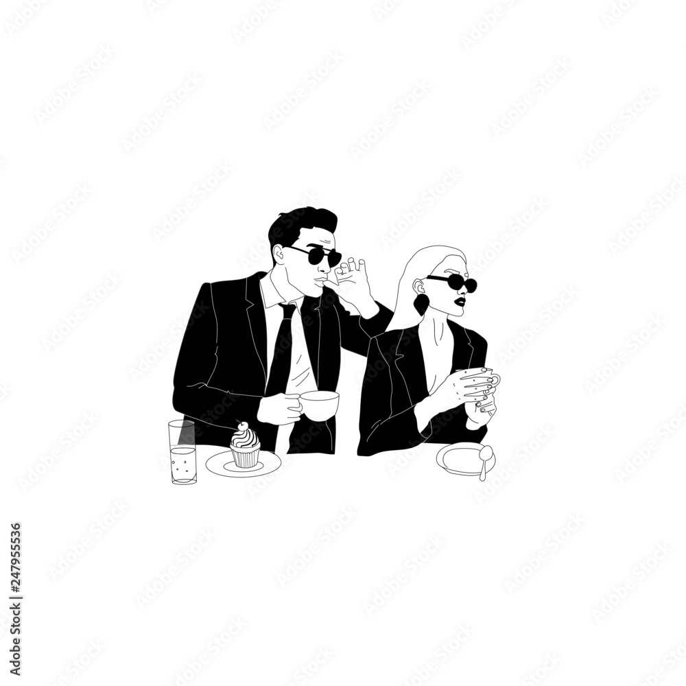 Couple man and woman, stylish young people with coffee, relationship, meeting, chat, business. Fashionable girl with glasses. Brutal man with glasses. Graphic monochrome vector illustration. Couple man and woman, stylish young people with coffee, relationship, meeting, chat, business. Fashionable girl with glasses. Brutal man with glasses. Graphic monochrome vector illustration.