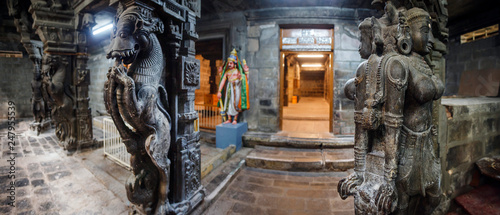 Tirunelveli, Tamil Nadu, India, November 10, 2018: Ancient stone statues in the altar of the Hindu temple in Tirunelveli, Tamil Nadu, South India. photo