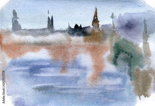 Photography Watercolor landscape of Westminster bridge in London.