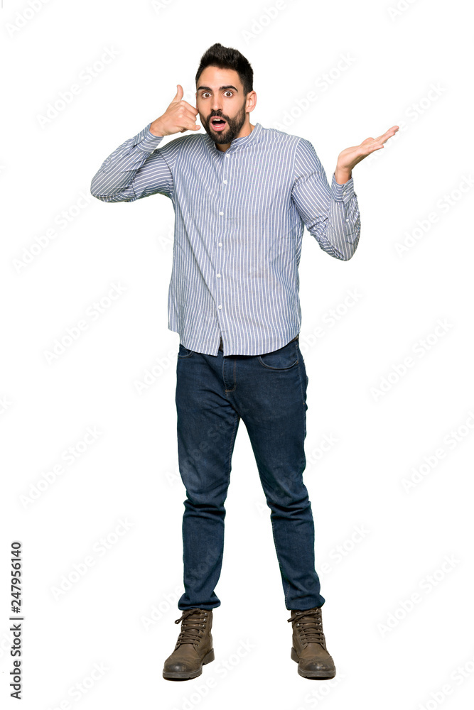Full-length shot of Elegant man with shirt making phone gesture and doubting on isolated white background
