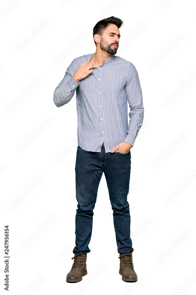 Full-length shot of Elegant man with shirt with tired and sick expression on isolated white background Full-length shot of Elegant man with shirt with tired and sick expression on isolated white background