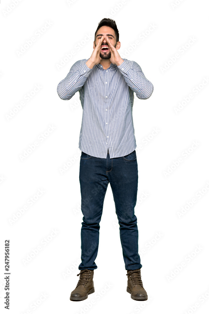 Full-length shot of Elegant man with shirt shouting and announcing something on isolated white background Full-length shot of Elegant man with shirt shouting and announcing something on isolated white background
