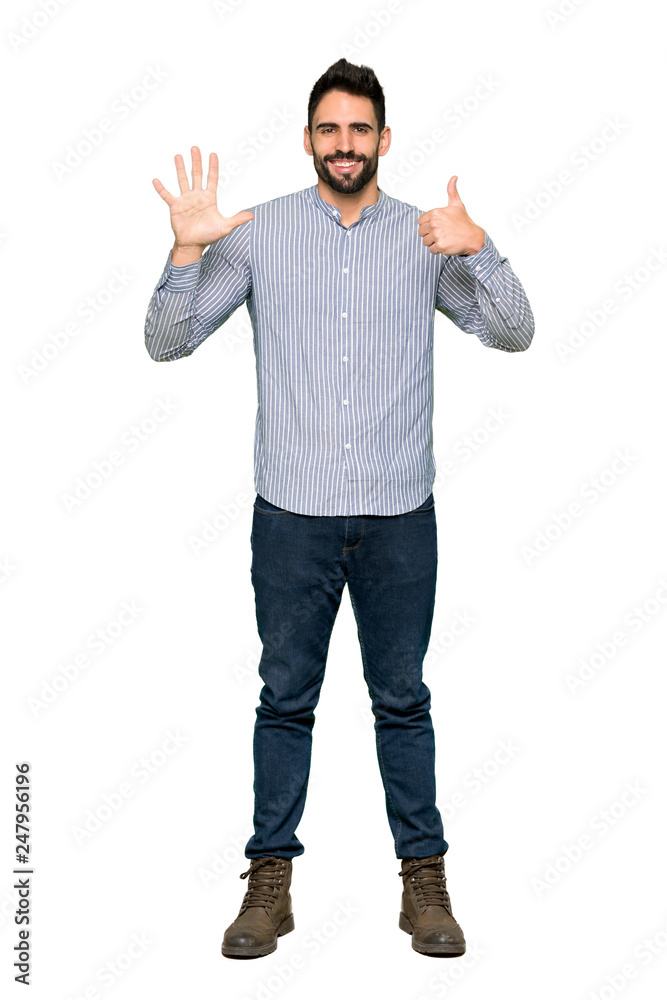 Full-length shot of Elegant man with shirt counting six with fingers on isolated white background Full-length shot of Elegant man with shirt counting six with fingers on isolated white background