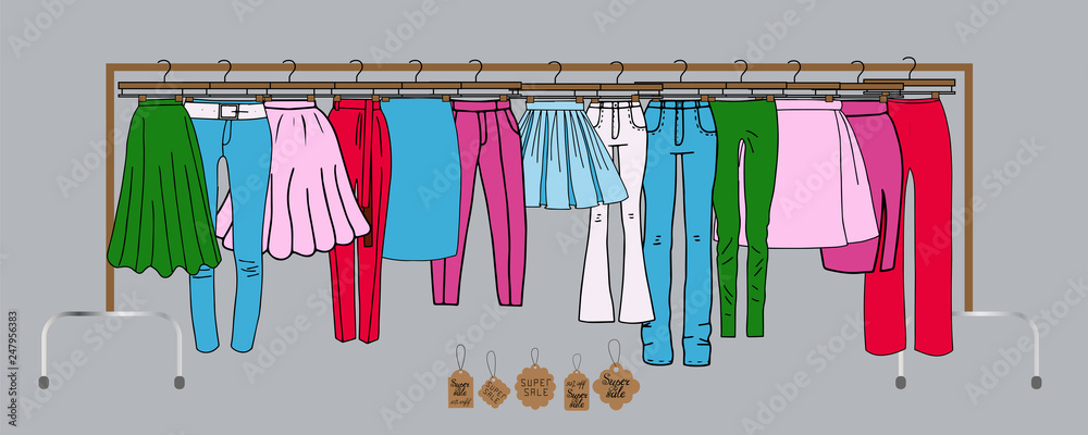 Vector illustration of clothes on hangers - skirts, pants. Also presented shoes.