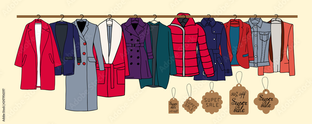 Vector illustration of warm outerwear that hangs on hangers. Also presented tags and an indication of sales. - obrazy, fototapety, plakaty 