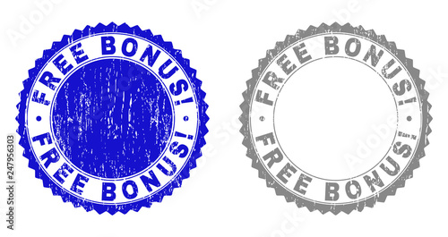 Grunge FREE BONUS! stamp seals isolated on a white background. Rosette seals with distress texture in blue and grey colors. Vector rubber stamp imprint of FREE BONUS! tag inside round rosette.