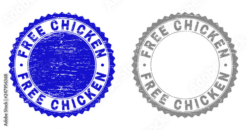 Grunge FREE CHICKEN stamp seals isolated on a white background. Rosette seals with grunge texture in blue and grey colors. Vector rubber watermark of FREE CHICKEN label inside round rosette.