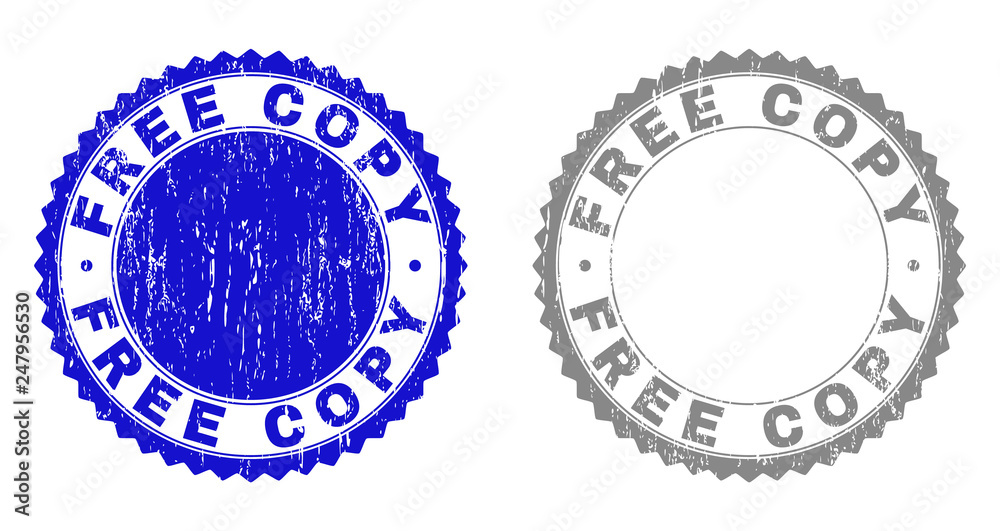 Grunge FREE COPY stamp seals isolated on a white background. Rosette seals with grunge texture in blue and gray colors. Vector rubber stamp imprint of FREE COPY caption inside round rosette.