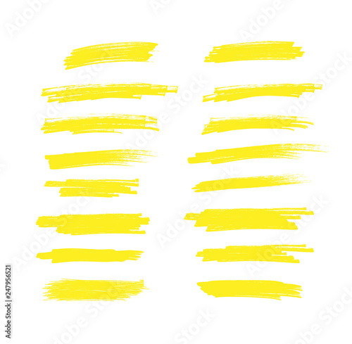 Creative vector illustration of stain strokes, hand drawn yellow highlight japan marker lines. Brushes stripes isolated on white background.