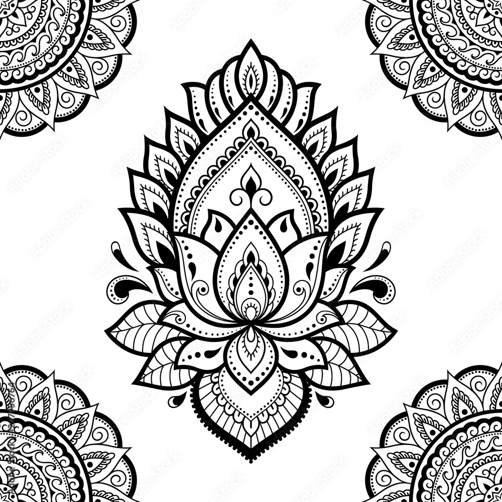 Seamless decorative ornament in ethnic oriental style. Circular pattern in form of mandala and Lotus flower for Henna, Mehndi, tattoo, decoration.