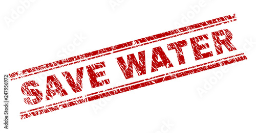 SAVE WATER seal stamp with grunge texture. Red vector rubber print of SAVE WATER label with corroded texture. Text label is placed between double parallel lines.