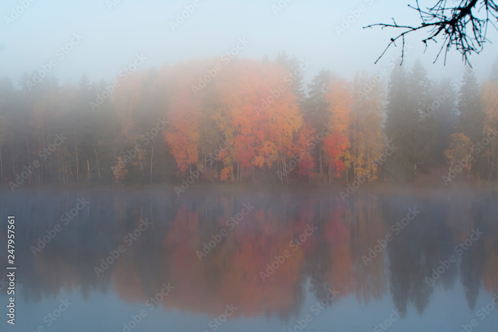 Beautiful autumn morning landscape of Kymijoki river waters in fog. Finland, Kymenlaakso, Kouvola. Beautiful autumn morning landscape of Kymijoki river waters in fog. Finland, Kymenlaakso, Kouvola.