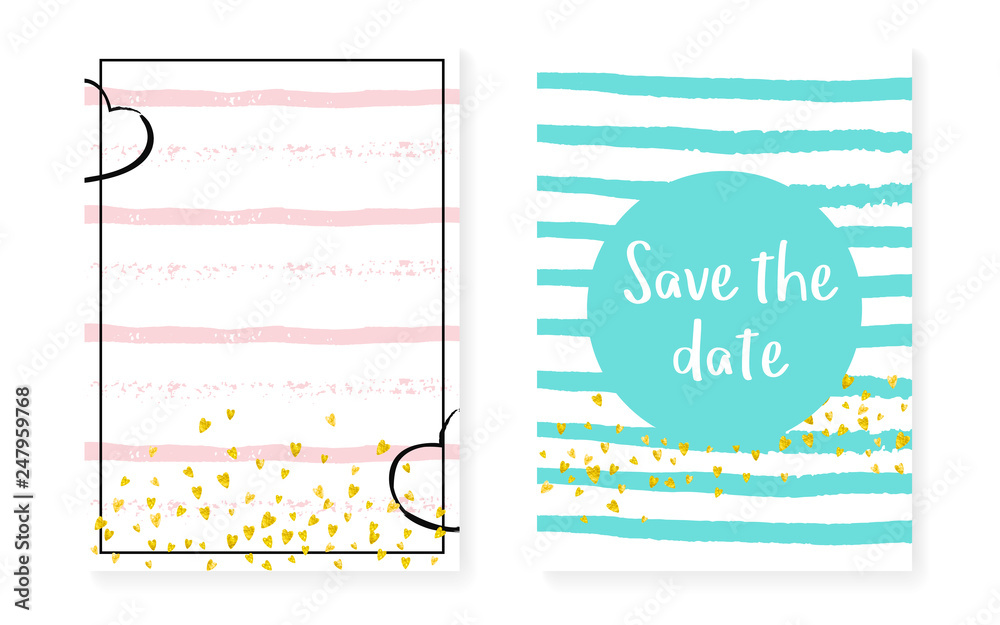 Naklejka premium Bridal shower set with dots and sequins. Wedding invitation card with gold glitter confetti.