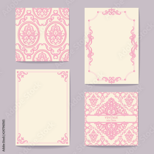 Set collections of cards vintage design elements. Patterns, frames