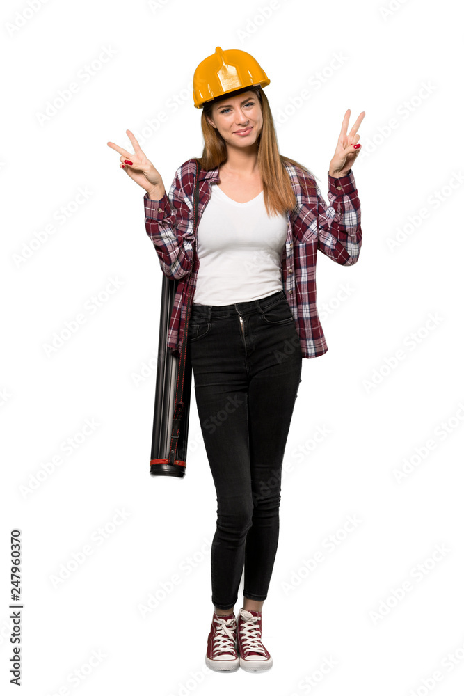A full-length shot of a Architect woman smiling and showing victory sign with both hands over isolated white background A full-length shot of a Architect woman smiling and showing victory sign with both hands over isolated white background