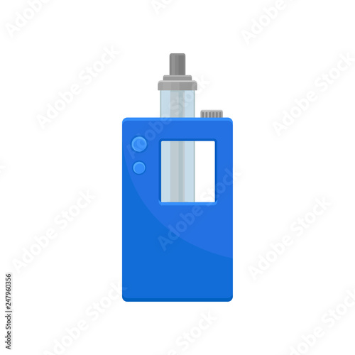 Bright blue vaporizer with small buttons and glass tank. Modern smoking device. Equipment for vaping. Flat vector icon