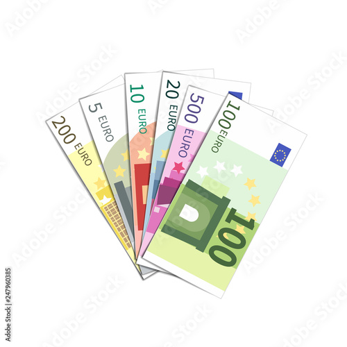 Bunch of different simple euro banknotes on white