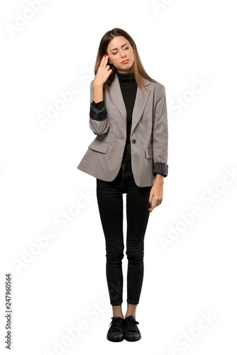 A full-length shot of a Business woman with problems making suicide gesture over isolated white background