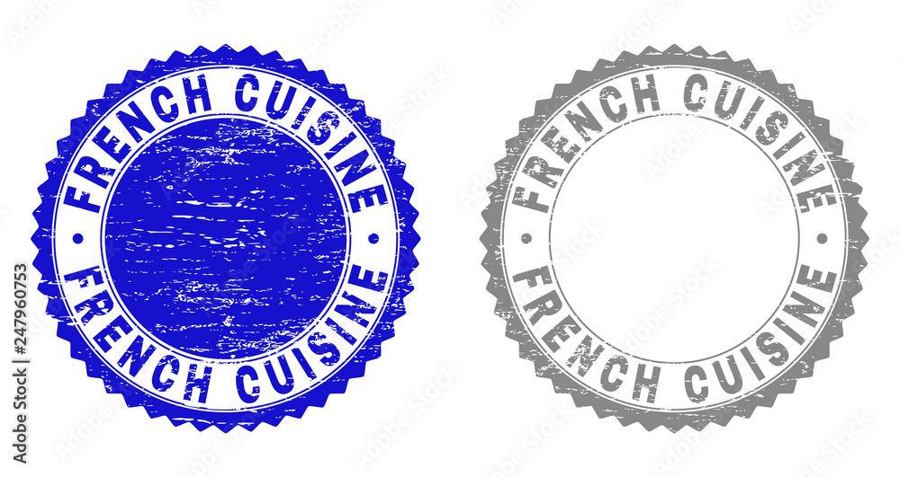 Obraz premium Grunge FRENCH CUISINE stamps isolated on a white background. Rosette seals with grunge texture in blue and grey colors. Vector rubber stamp imitation of FRENCH CUISINE caption inside round rosette.