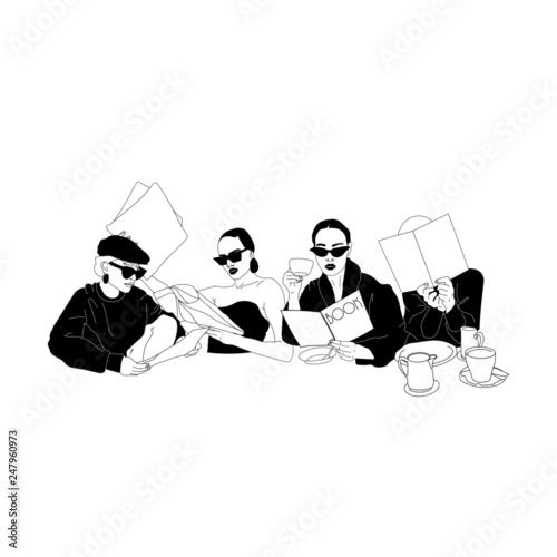 Fashionable woman with glasses. Girlfriends with coffee and a book. Girl in trend clothes. Monochrome Vector Illustration