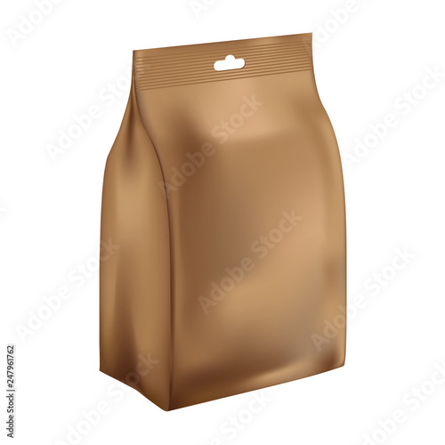 Brown blank paper foil bag for food isolated on white background. Snack sachet bag blank foil with hanging.