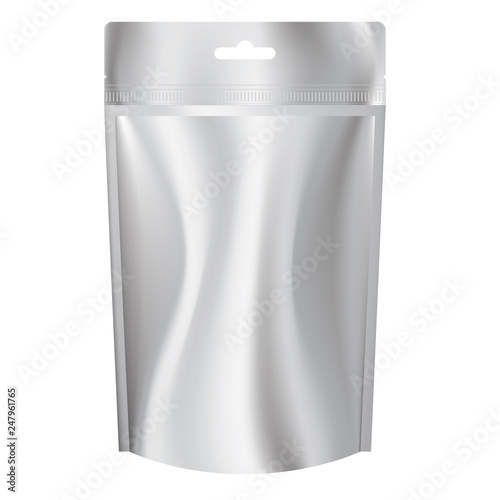 Blank foil food bag stand up isolated on white background. Blank Plastic Pocket Bag with hanging.