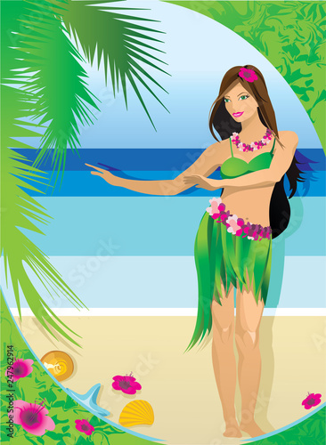 Young girl in Hawaiian clothes. Vector