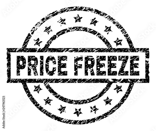PRICE FREEZE stamp seal watermark with distress style. Designed with rectangle, circles and stars. Black vector rubber print of PRICE FREEZE label with corroded texture.