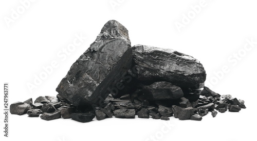 Photographie black coal chunks isolated on white background