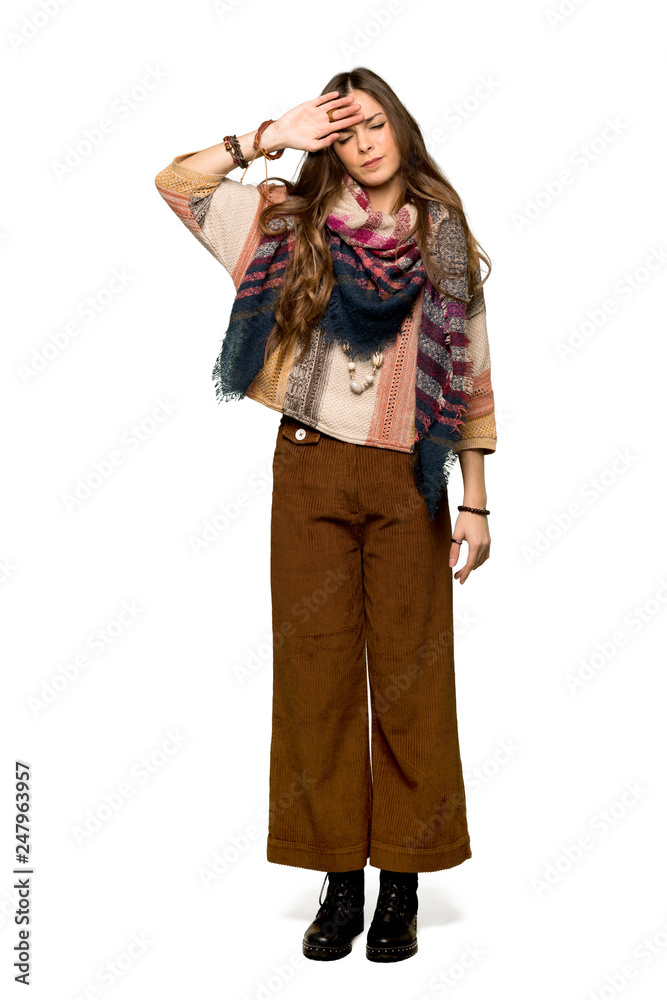 Full-length shot of Young hippie woman with tired and sick expression on isolated white background Full-length shot of Young hippie woman with tired and sick expression on isolated white background