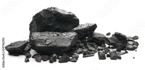 black coal chunks isolated on white background Fotobehang