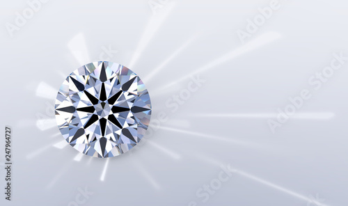 Ideal hearts and arrows round diamond with caustics rays on white background