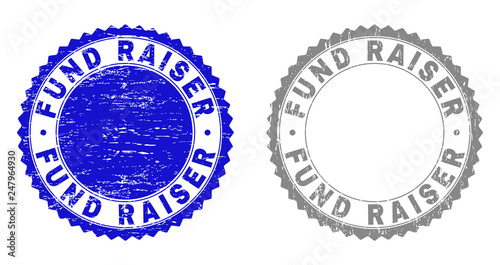 Grunge FUND RAISER stamp seals isolated on a white background. Rosette seals with grunge texture in blue and gray colors. Vector rubber stamp imprint of FUND RAISER tag inside round rosette.