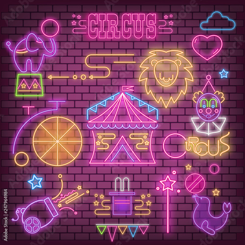 Circus Neon Glowing Icons