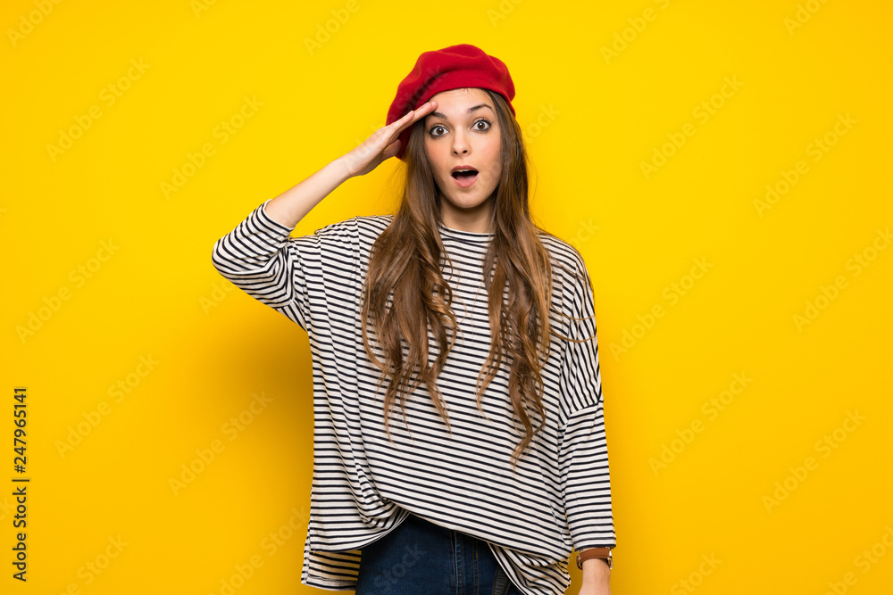 Girl with french style over yellow wall has just realized something and has intending the solution Girl with french style over yellow wall has just realized something and has intending the solution