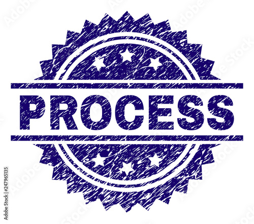 PROCESS stamp seal watermark with distress style. Blue vector rubber print of PROCESS label with dust texture.