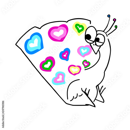 Cartoon vector surprised peacock with colorful heart set tail.