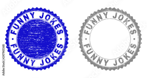 Grunge FUNNY JOKES stamp seals isolated on a white background. Rosette seals with grunge texture in blue and grey colors. Vector rubber stamp imitation of FUNNY JOKES label inside round rosette.