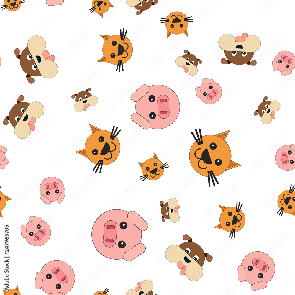Naklejka premium Seamless pattern of pig and dog cat heads.