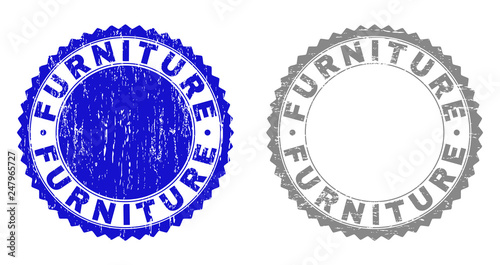 Grunge FURNITURE stamp seals isolated on a white background. Rosette seals with distress texture in blue and grey colors. Vector rubber stamp imprint of FURNITURE label inside round rosette.