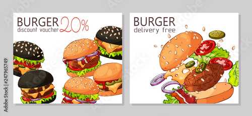 Vector colorful illustrations on the burger theme; burgers from different recipes. Template for advertising products. Discount vouchers. Cards for your design.