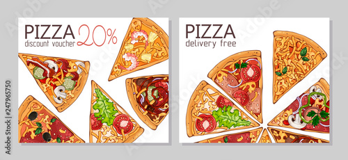 Vector colorful illustrations on the pizza theme; pizzas from different recipes. Template for advertising products. Discount vouchers. Cards for your design.