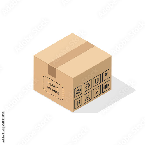 Cardboard box 3d in isometric style with flat shadow. Plus a set of basic informational signs and packaging and product requirements. EPS10