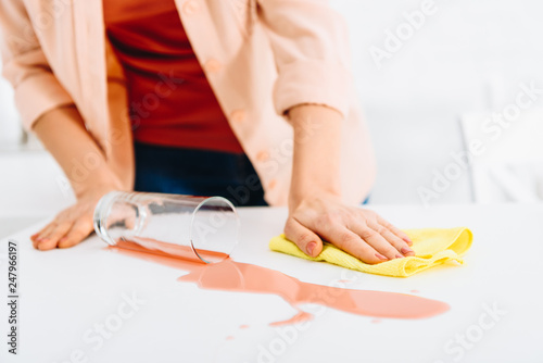 Partial view of woman wiping wine stain with rag