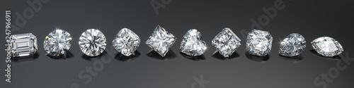 Ten the most popular diamond cuts in line on dark gray background photo